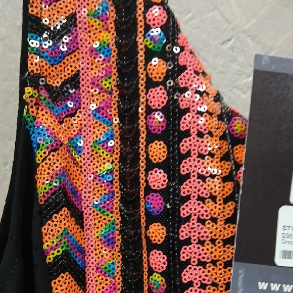 MINKPINK Black Dress Small NWT $98 Multi Color Sequin Design Cutout Back Mini - Picture 2 of 6